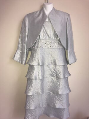 silver grey dress and jacket Cicinia Silver Mother Of The Bride Dress With Jacket Separates 3 Pieces Long Chiffon Beaded Tea Length