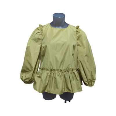 Cinq a Sept Jackie Top Pollen Chartreuse Puff Sleeve Ruffle Peplum Boxy SZ S