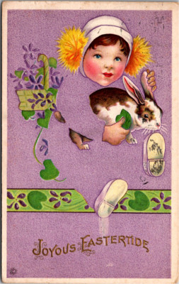 Brunette Child Bunny Rabbit Fade Away Joyous Eastertide Postcard Circa 1917 506A