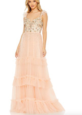 MAC DUGGAL 50648 CAP SLEEVE EMBELLISHED BODICE TULLE APRICOT GOWN   sz 6