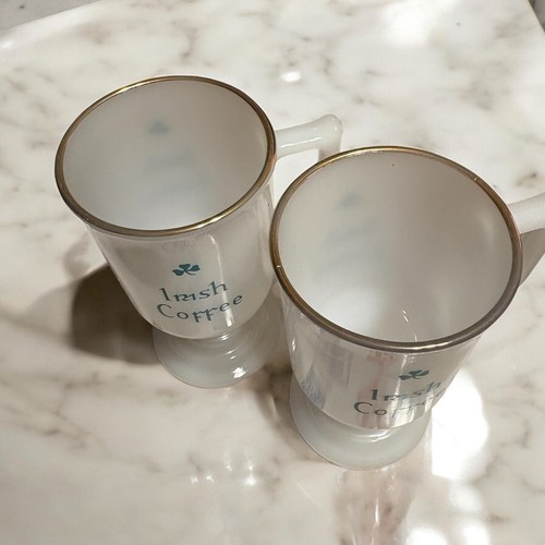 Irish Coffee Mugs Shamrock White Milk Glass Gold Trim Set of 2 - Picture 2 of 2