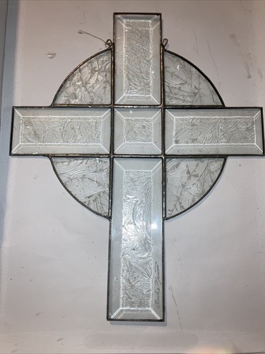 Stained Glass Sun Catcher Cross Beveled Textured Artist Signed 10x12”