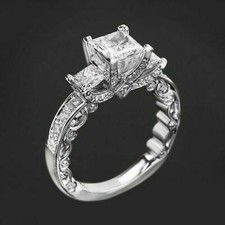 2.50CT 3-Stone White Princess Simulated Diamond Engagement Ring 14k White Gold