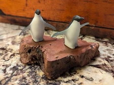 Vintage John Perry Pair Of Penguins on Burl Wood Base, Signed 