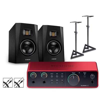 Focusrite Scarlett 2i2 Gen 4 w/Adam Audio T-Series Monitors/Stands/Cables T5V