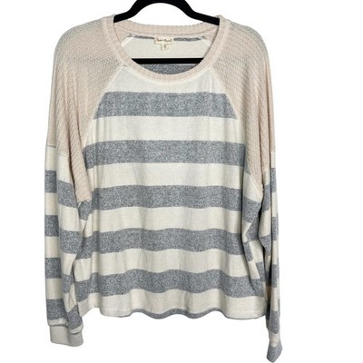 New Hem & Thread Large L Cream Gray Striped Raglan Long Sleeve Knit Top Crew
