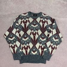 Vintage Knitted Jumper Abstract Patterned Grandad Knit Sweater, Mens Small