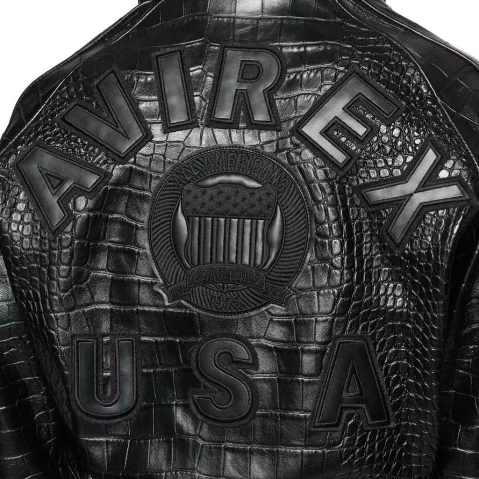 Avirex Negro EE. UU. Recortado Icono Mujeres Americanas Bombardero Cocodrilo Chaqueta de Cuero en Relieve Foto 3 de 4