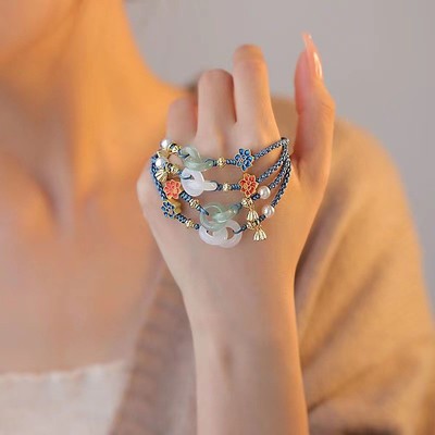 Ethnic Style Flower Lotus Jade Pearl Braided Bracelets Adjustable Woven Bracelet
