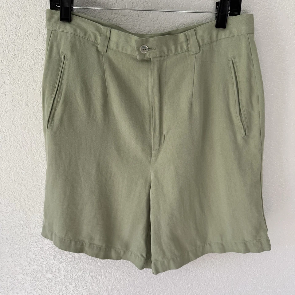 Tommy Bahama 100% Silk  Vintage Sage Green Pleated Front Bermuda Shorts Size 12 - Image 2 of 4