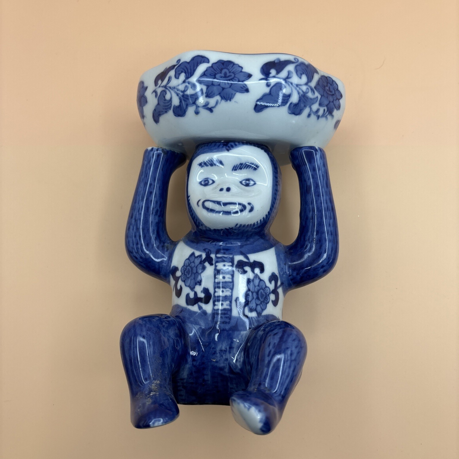 Vintage Chinoiserie Porcelain Monkey Blue White Holding Bowl Trinket Dish Soap