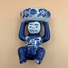 Vintage Chinoiserie Porcelain Monkey Blue White Holding Bowl Trinket Dish Soap