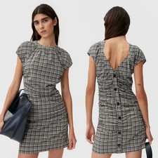 Ganni Black White Check Seersucker Ruched Button Back Mini Dress Size 40 US 8
