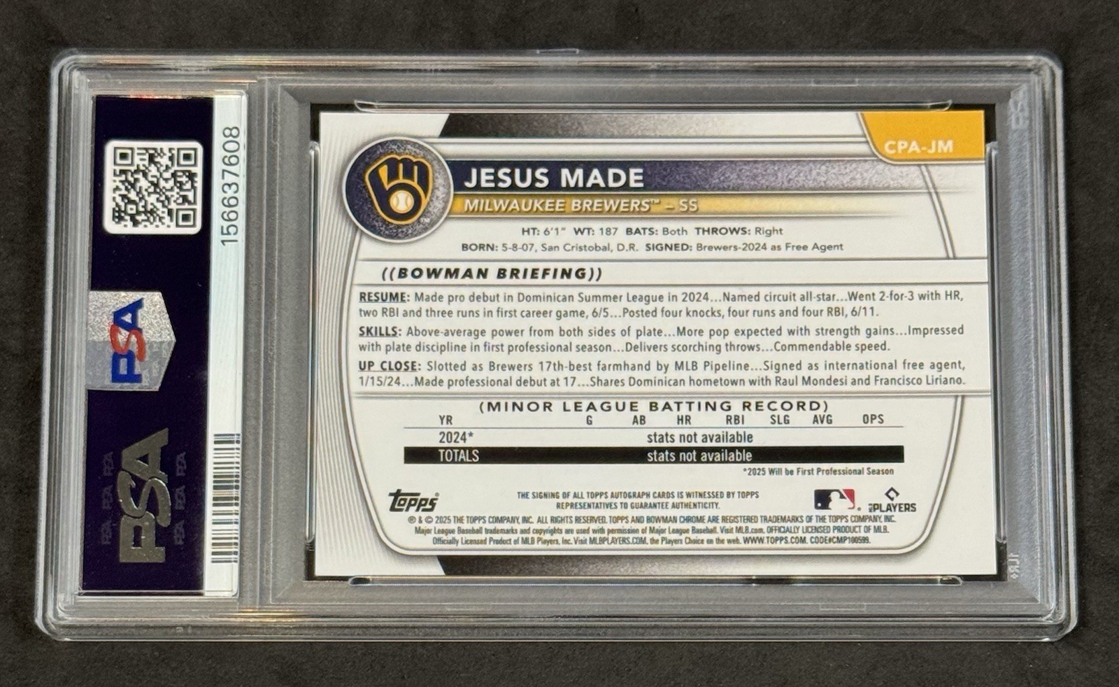 2025 Bowman Chrome Jesus Made #CPA-JM 1st Prospect Autograph Auto PSA 10 Brewers view 2