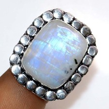 925 Silver Plated Rainbow Moonstone Ring US 9 One of a Kind Gift Trendy GW