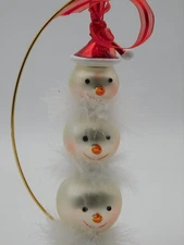 Vintage Blown Glass 3 Tier Snowman Head 9" Christmas Tree Ornament