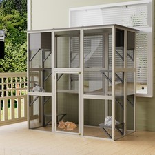 Wooden Outdoor Catio Cat Enclosure with Weatherproof Asphalt Roof w 6 Platforms