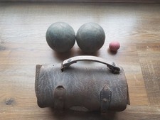 Ancienne paire de boules Lyonnaises striée pétanque cochonnet étui art populaire