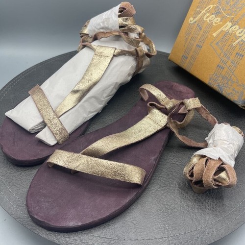 Free People Sandals Gladiator Womens 7 Dahlia Lace Up Gold Suede Flat Heel New - Picture 3 of 10