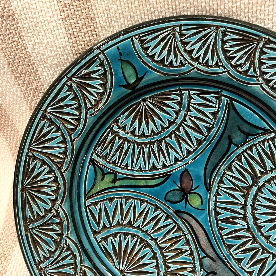 Moroccan Safi Pottery Ceramic Decorative Wall Plate Glazed Engraved 7.75" Signed - Image 3 of 4