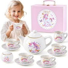 Porcelain Tea Party Set 13Pcs Unicorn Teapot Cup Saucer Suitcase Pretend Play