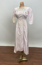 Antique Edwardian Pink Cotton Dress with White Lace  Eyelet Details AS IS