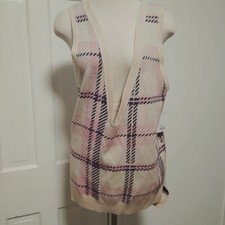 New SO Plaid Sweater Vest Beige Purple Pink Ivory V-Neck Grandpa Preppy Medium