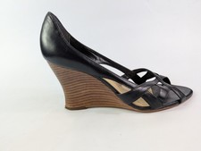 Faith Black Leather Wedge Heel Open Toe Shoes Uk 6 Eu 39