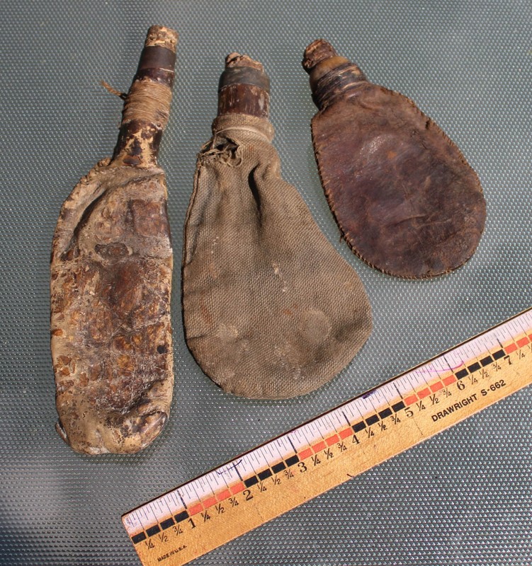 Lot of 3 Very Primitive Shot or Powder Bags Leather Fabric & Bladder