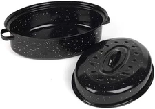 16 Inch Roasting Pan with Lid - Covered Oval Roaster - Enamel Carbon Steel Ro...