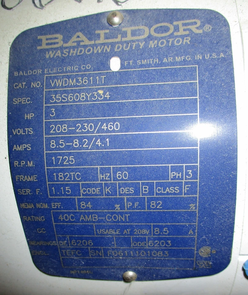 Motor de trabajo de lavado Baldor VWDM3611T 3 HP 1 1/8 eje diámetro fase 3 Foto 2 de 4
