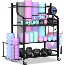Yoga Mat and Exercise Equipment Storage Rack with Mobile Wheels and Hooks