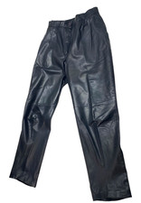 Vintage Oleg Cassini Black Leather Lined Straight Leg Belted Pants Size 8