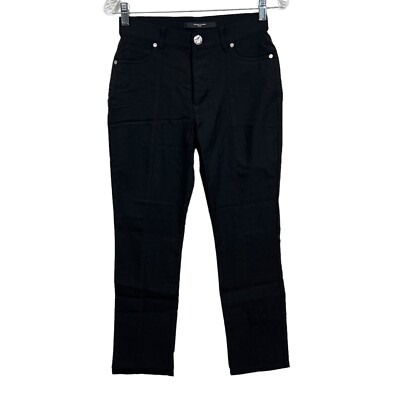 Simon Chang Black Denim Pants Stretch Straight Leg Slim Flat Front Women Size 2*
