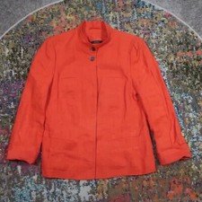 Women's Linen Blazer Size L Orange Lined Hidden Button Front Stand Up Collar EUC