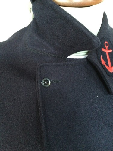 French Dark Navy Wool Peacoat. Anchor and Red Stripe Sleeve Detail. Size Large - Picture 3 of 14