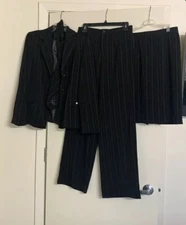 Career Fitted Suit 4 pieces Pants Skirt Jacket Tie Lined Black Silver Striped