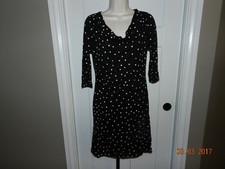 ANN TAYLOR LOFT Polka Dot Dress Size MP Knit M Petite Black Tan sheath 3/4 sleev