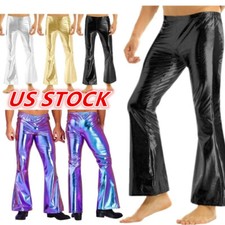 Men's Shiny Metallic Halloween Costume Disco Bell Bottom Flared Long Pants