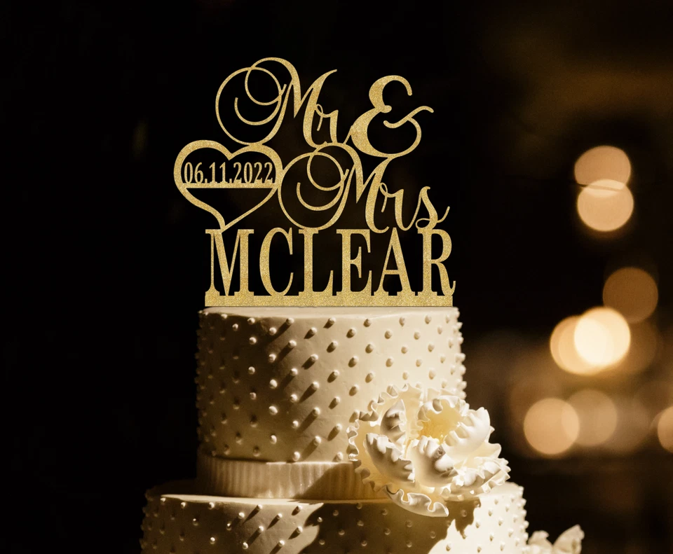 Personalizado Sr. y Sra Apellido/fecha Tradicional Corazón Pastel Topper para Boda Foto 3 de 4