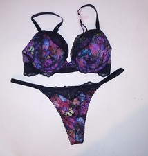 Victoria Secret Bra Set Push Up Small Thong Panty Black Purple Floral Shine Stra