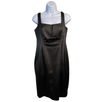 David Meister Black Cocktail Dress Square Neck Pleats Satin Slip LBD Sheath 10