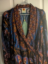 Farm Rio Heart Forest long Beaded Floral Black Blue Wrap Midi Dress V-Neck Tie S
