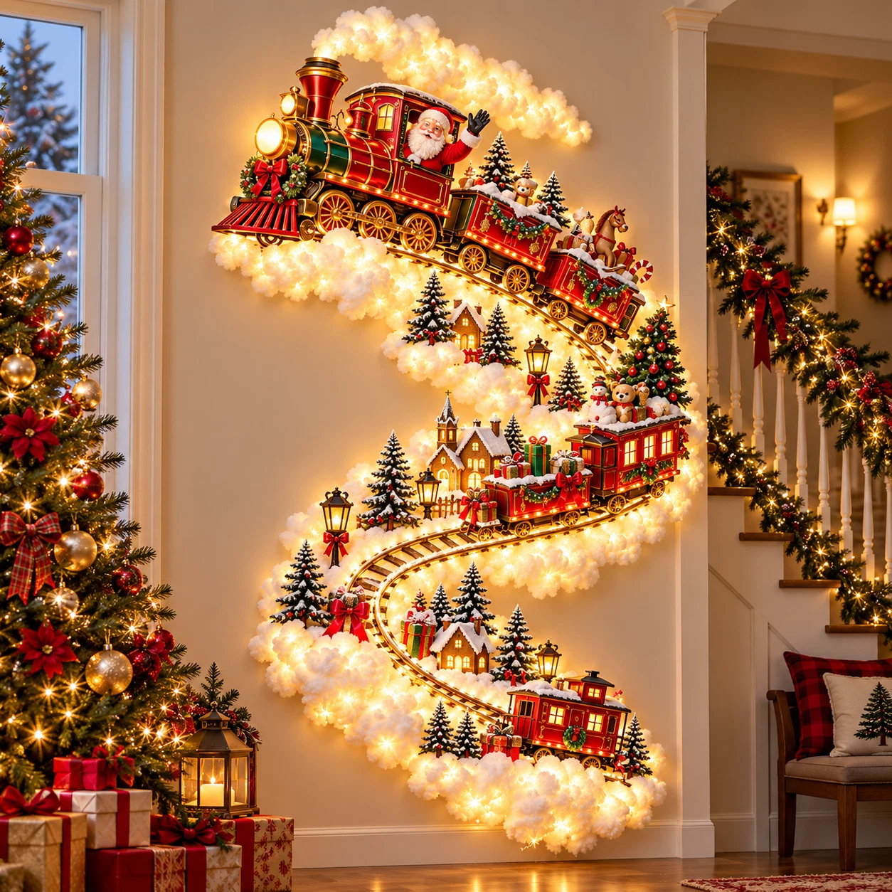 Santa Christmas train light-up decoration with snowy village and winding railway