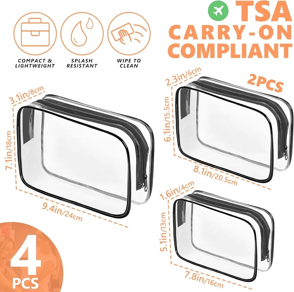 Paquete de 4 bolsas de aseo transparentes AURUZA, bolsa de maquillaje de viaje portátil con cremallera, TSA Foto 4 de 4