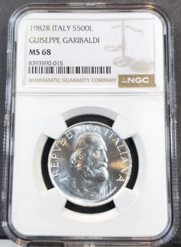 1982 ITALY SILVER 500 LIRE GUISEPPE GARIBALDI NGC MS 68 RARE GEM HIGH GRADE