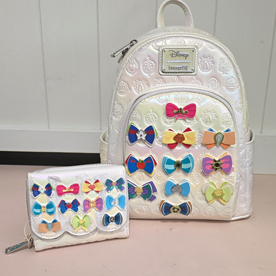 Loungefly Disney Princess Iridescent White Mini Backpack Bow w/ Zip Wallet