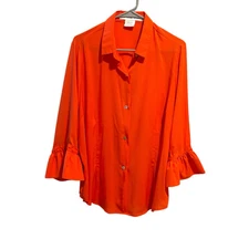 Gretchen Scott Priss Blouse Ruffle Cuff Button Up Shirt Sz XL Coral Orange