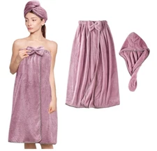 woman Microfiber Bath Towel Wrap Adjustable Soft Body Wraps Dress w/ Hair Towel