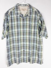 Tommy Bahama Shirt Men XL Plaid 100 Silk Relaxed Short Sleeve Pockets Button Up